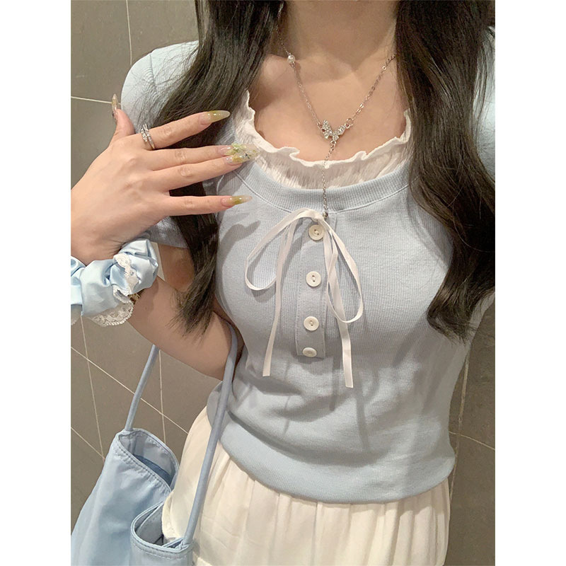 Wholesale Fake Two-piece Short-sleeved T-shirt Women's 2024 Summer Sweet Slim-fit Slimming Short Gentle Style Bow Top