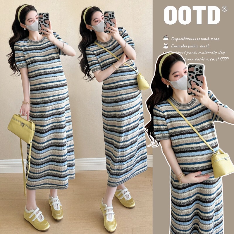 Maternity Knit Long Dress 2026 Summer New Striped Contrast Color Round Neck Short Sleeve Maternity Dress Maternity Knit Long Dress 2026 Summer New Striped Contrast Color Round Neck Short Sleeve Maternity Dress