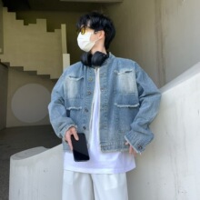 美式复古春秋季毛边设计感水洗渐变色牛仔外套男潮牌街头宽松夹克