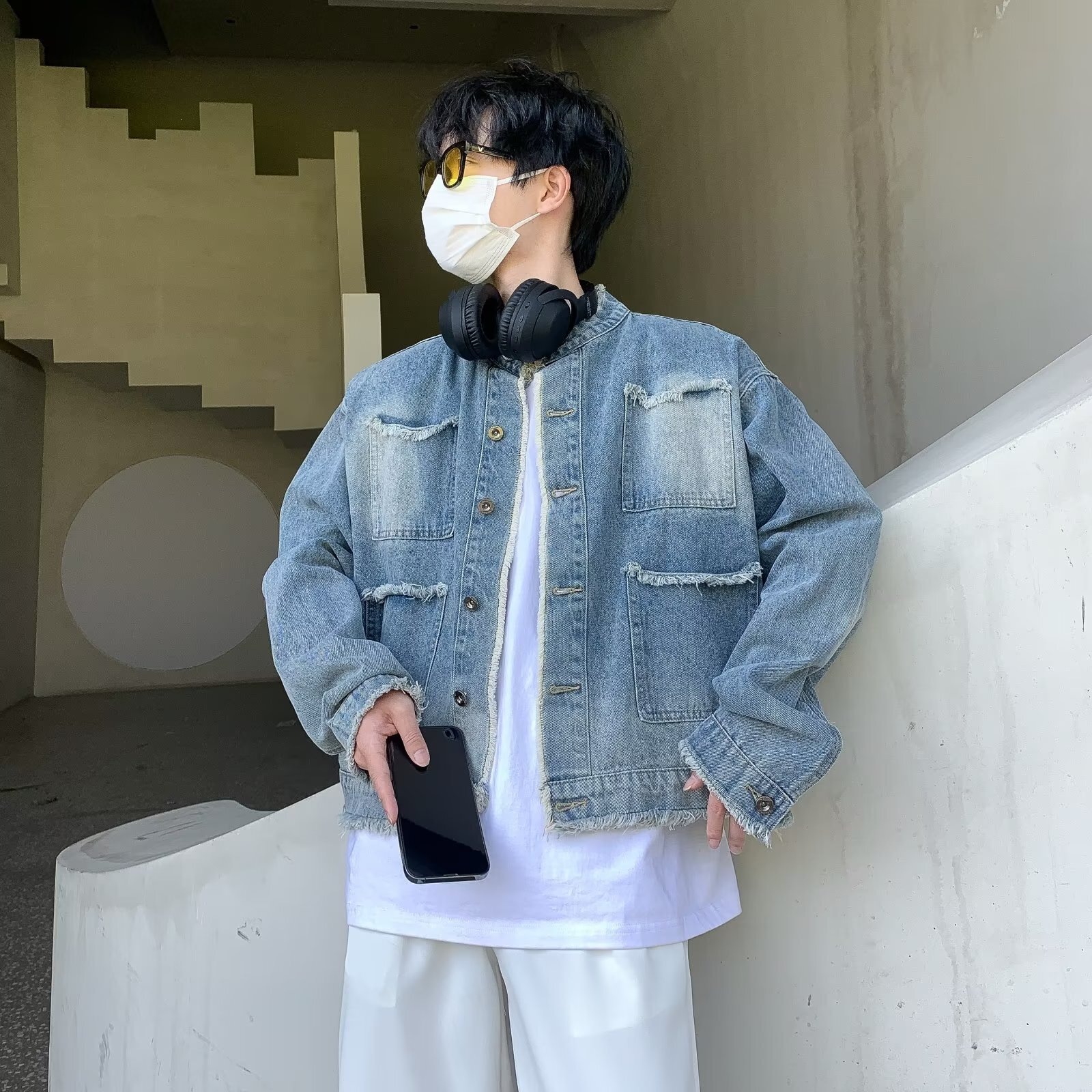 美式复古春秋季毛边设计感水洗渐变色牛仔外套男潮牌街头宽松夹克