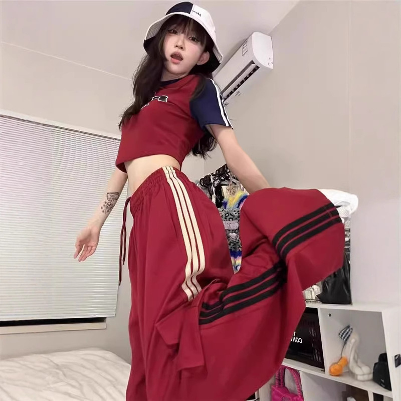 American Retro Red Striped Casual Pants for Men and Women Spring and Summer New High Street Trendy Brand Loose Sports Workwear Wide Leg Pants