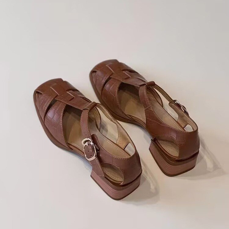 2026 Summer New Retro Woven Roman Sandals for Women with Chunky Heels, Square Toe, Closed Front, and Open Back 2026 Summer New Retro Woven Roman Sandals for Women with Chunky Heels, Square Toe, Closed Front, and Open Back
