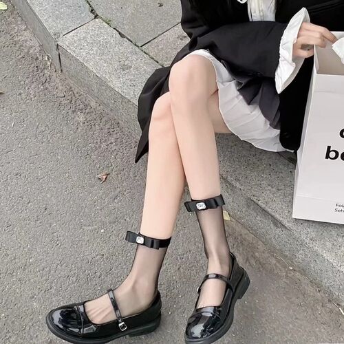 New spring and summer series bowknot rhinestone ultra-thin mid-calf pure desire girl sweet glass black silk pile socks women 