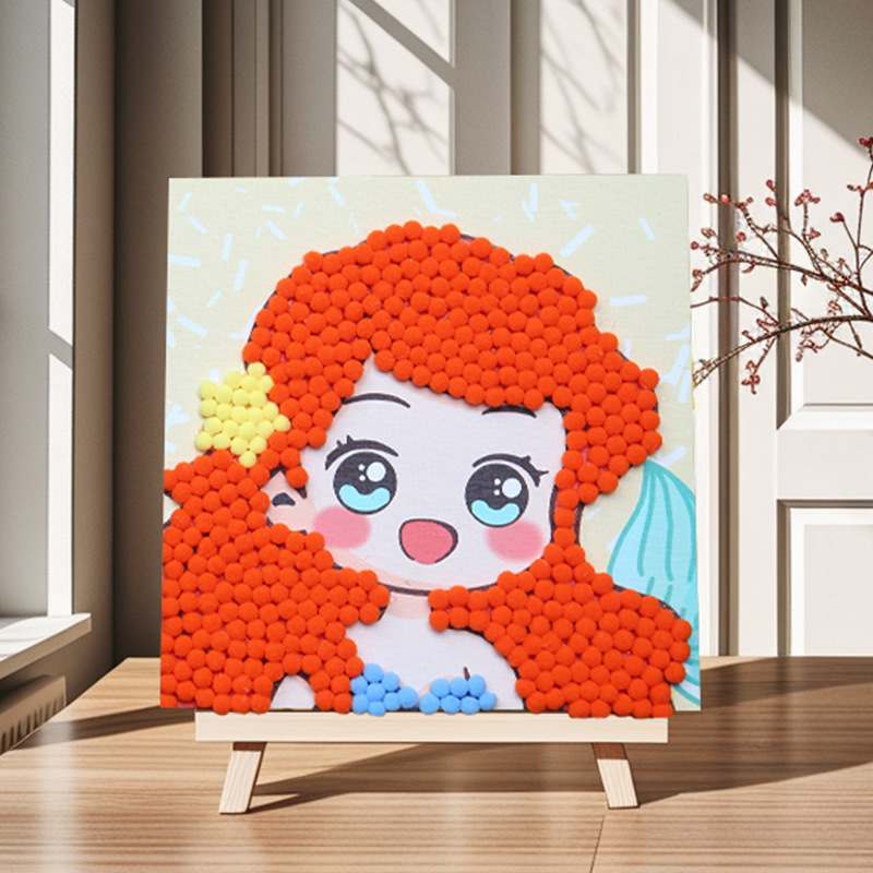 Pintura de bola de pelo Dibujos animados Niños creativos Pegatinas a mano Diy Material hecho a mano Paquete Marco estirado Pintura adhesiva Marco de madera maciza Pintura decorativa