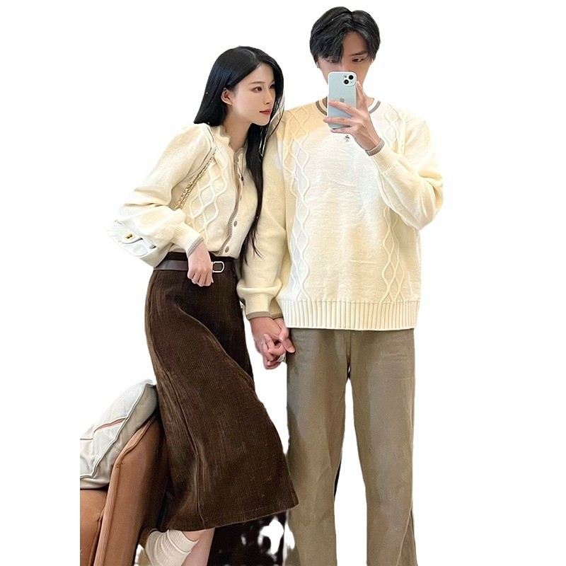2024 년 커플의 가을 겨울 두꺼운 스웨터 카디건 스커트 여성용 투피스 니트웨어 남성용