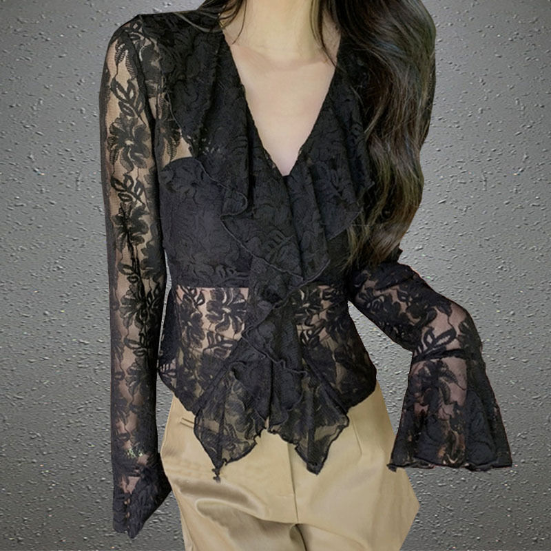 Spring New Korean style design fashionable slimming ruffled lace top niche V-neck long sleeve T-shirt
