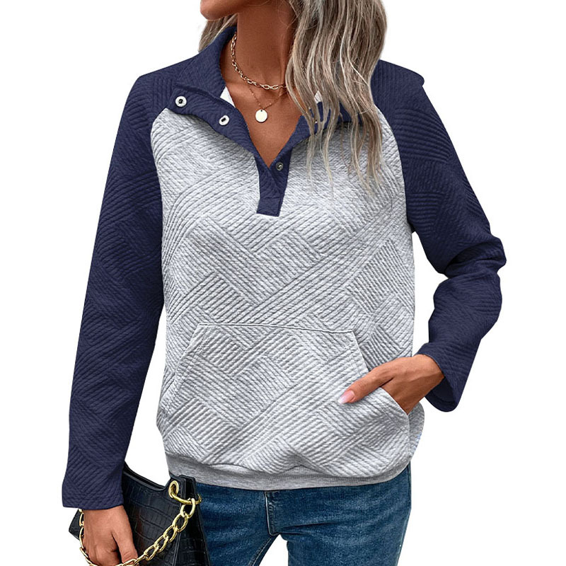 Women's Clothing autumn hot sale new contrast color stitching sweatshirt texture casual comfortable V neck stand collar sweatshirt for women_voghion.com