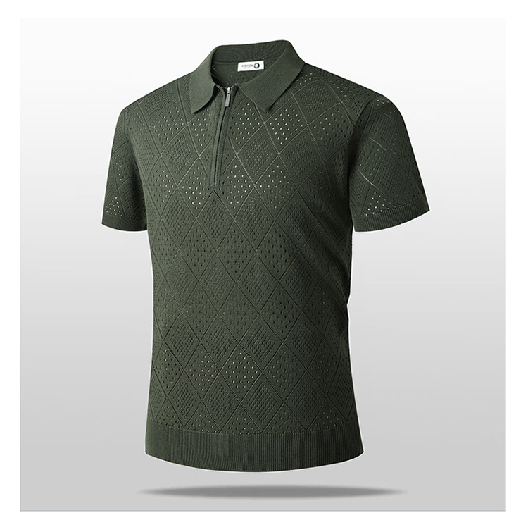 Men's Business Casual Short Sleeve Polo Shirt Summer Old Fashioned Hollow Knitwear Thin T-Shirt for Men_viptrois.com