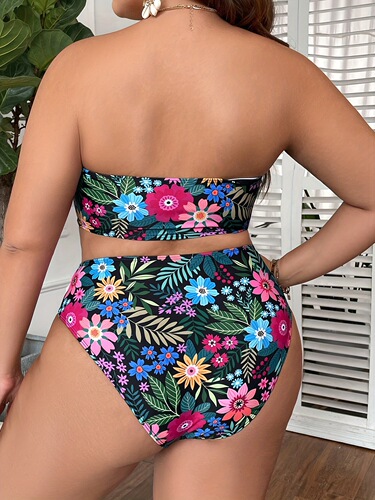 2024 Cross-border Triangle Split Bikini Tops for Plus Size Women, European and American Printed Style, High-Waisted Contour Swimwear