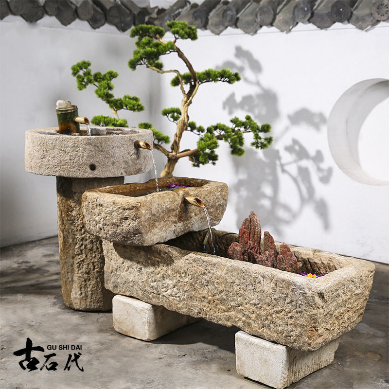 老石槽流水摆件石磨水景旧石头鱼缸养鱼阳台造景户外庭院水槽景r^