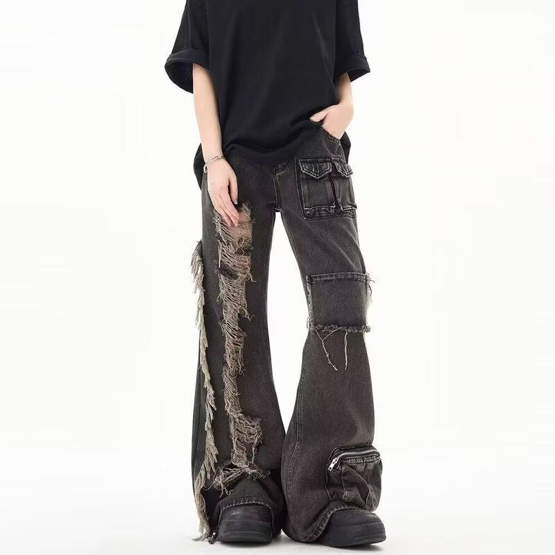 American Retro Hip-Hop Trendy Ripped and Torn Effect European and American Street Style American High Street Straight-Leg Jeans