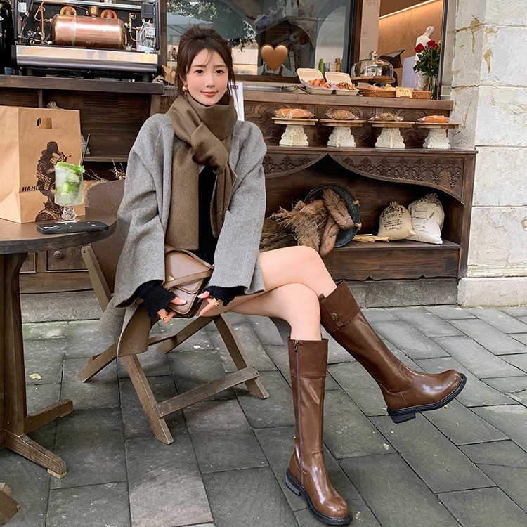 美拉德复古拼接长筒靴女2025秋季新款加绒厚底不过膝长靴骑士靴子|undefined