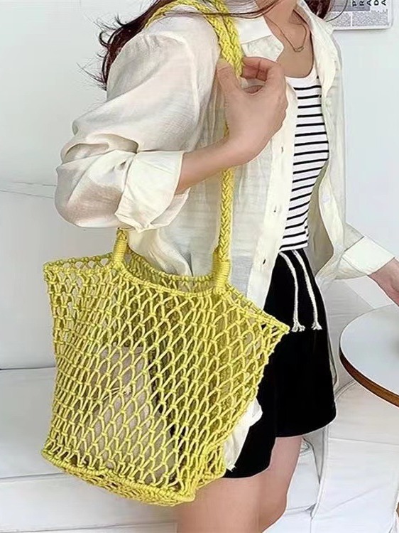 New Cotton Rope Shoulder Tote Bag, Niche Design, Large Capacity, Hollow Mesh Bag, Beach Vacation Leisure Bag