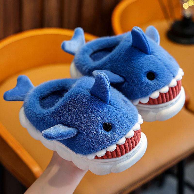 Wholesale of children's cotton slippers, cartoon cute sharks, personalized home warmth, thickened plush slippers for boys and girls in winter