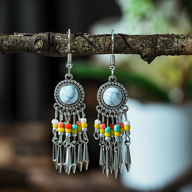 1 Pair Ethnic Style Color Block Inlay Alloy Turquoise Drop Earrings display picture 2