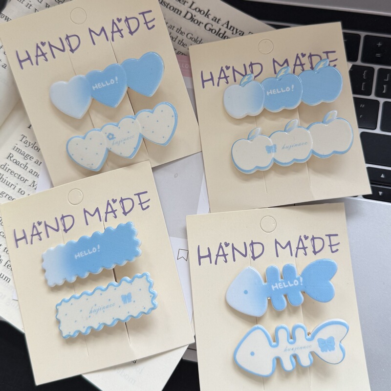 New Cream Blue Beige Apple Fish Bone Hairpin Simple High-end All-match Headwear Girl's Side Clip for Women