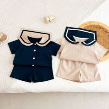韩版海军风儿童套装夏季新款中小童男女宝纯棉翻领短袖短裤两件套
