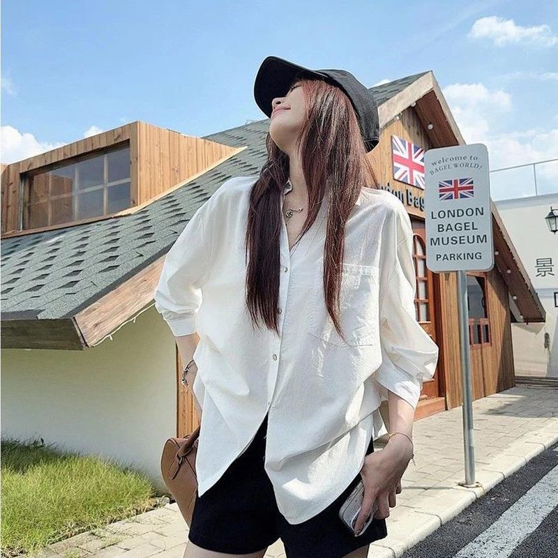 White Shirt That Can Be Shaped in Autumn, New Casual and Versatile White Casual Lapel Puff Sleeve Waist Shirt for Women
