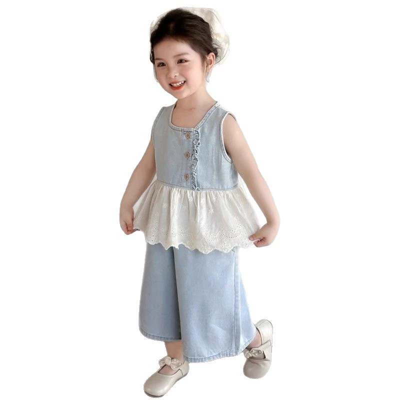 Summer set, denim vest sleevless, western style, Korean style