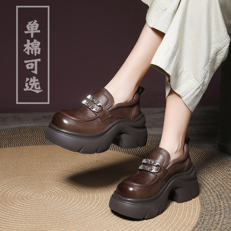 First-Layer Cowhide Thick High-Heeled British Small Leather Shoes Women's Shoes 2025 Autum New Thick-Soled Platform Deep-Mouth Loafers