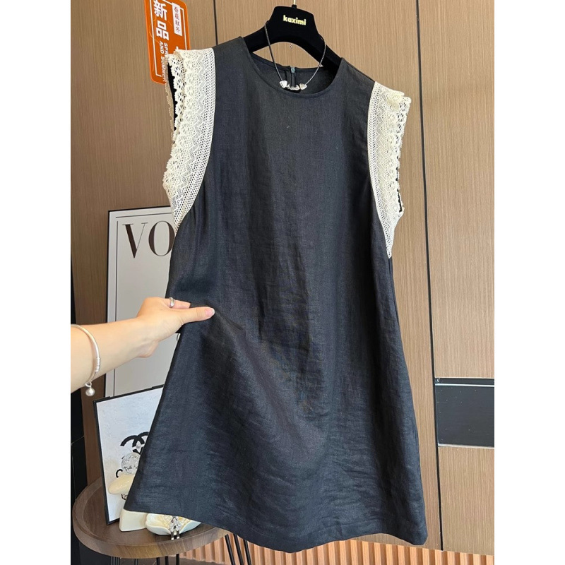 French High-End European Commuter Women's Summer Flying Sleeve Lace Design Round Neck Cotton and Linen Vest Dress French High-End European Commuter Women's Summer Flying Sleeve Lace Design Round Neck Cotton and Linen Vest Dress