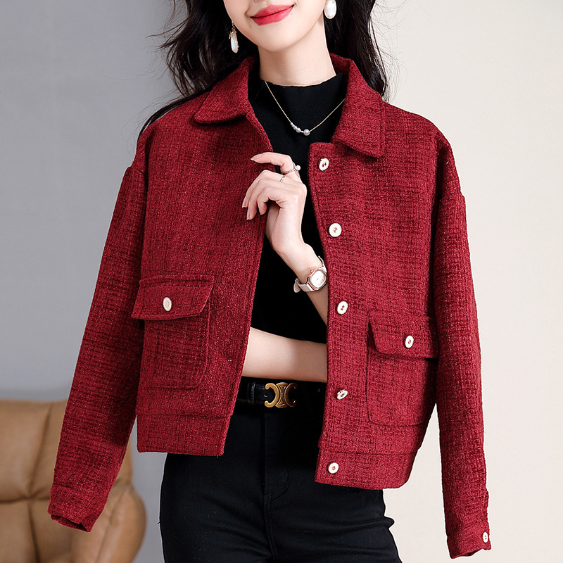 Red Chanel-Style Women's Short Jacket 2025 Autumn and Winter New Retro Petite Casual Jacket Top