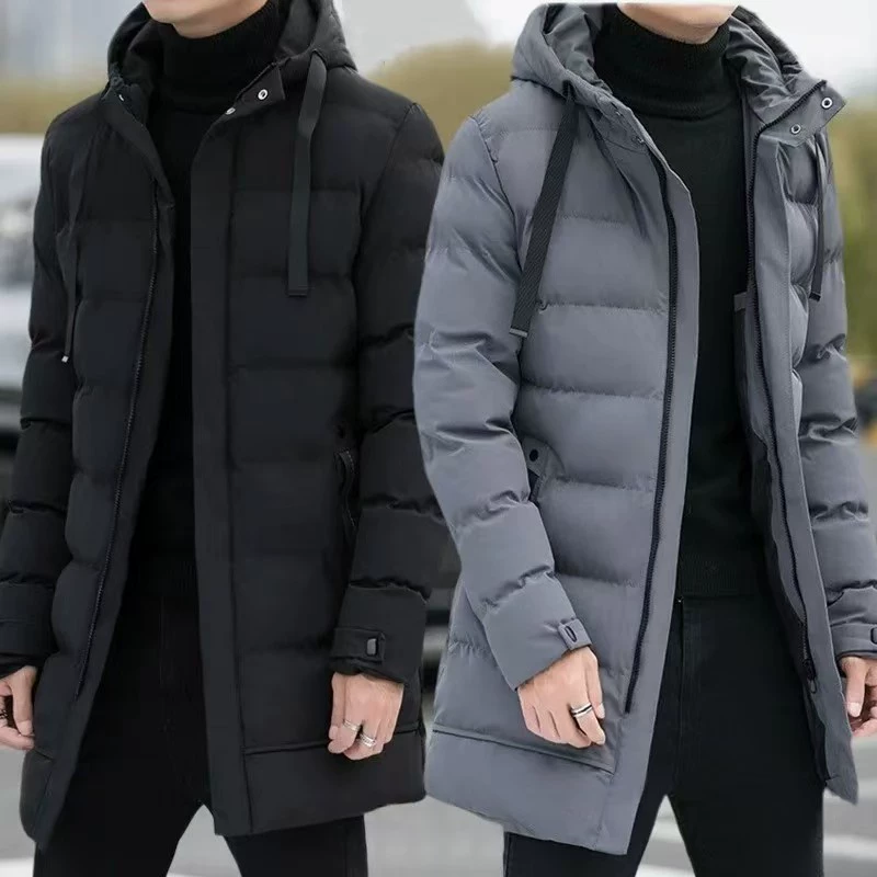 Long winter men's down jacket with hood, mid-length