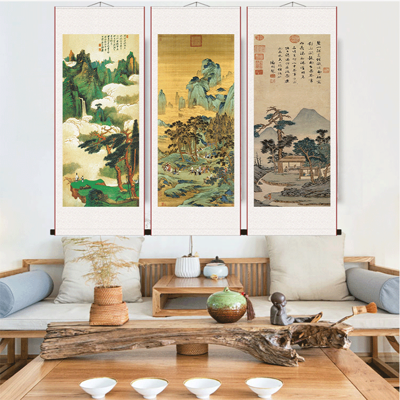 ✅ Ming Dynasty Famous Calligraphy and Painting Decorative Hanging Paintings Calligraphy Living Room Study Landscape Painting Zhang Daqian Wen Huiming Tea