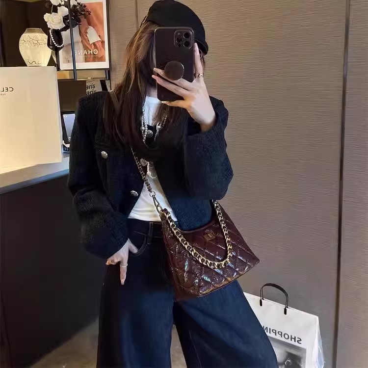 Túi tote nữ da thật kiểu tweed đeo chéo dây xích chần bông — Màu đen, Đỏ Ancora, Cà phê Mocha, Màu nâu