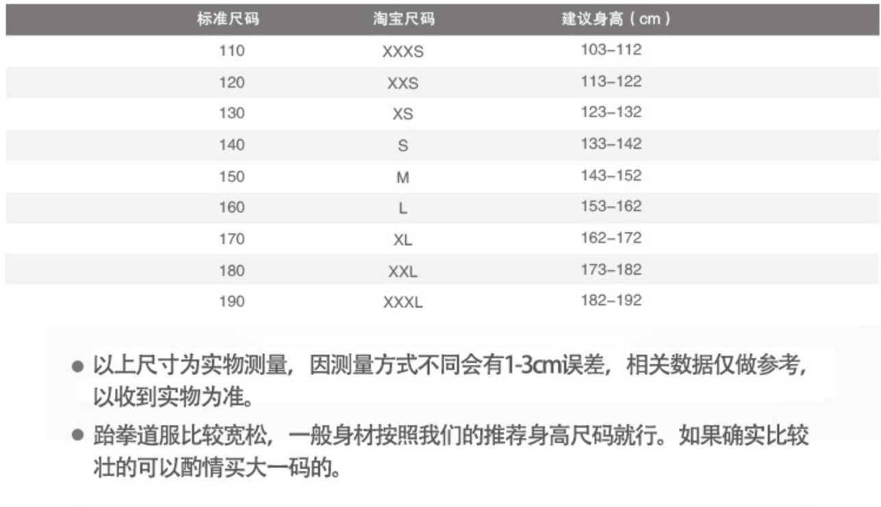 道服尺码表