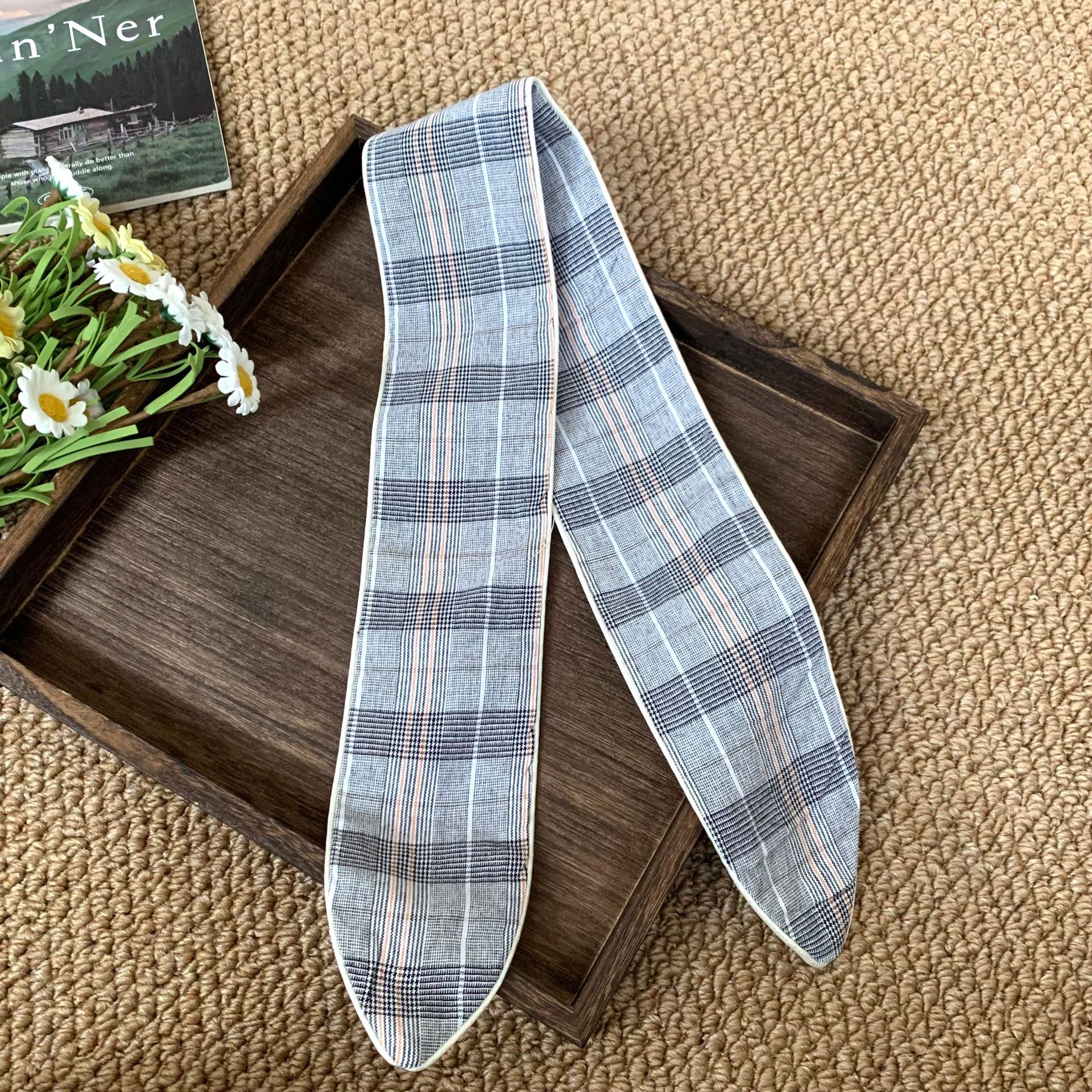 Pañuelo a cuadros Pañuelo de seda largo de algodón para mujer verano nuevo estilo pequeño estampado accesorios de todo fósforo bufanda de cuello correa para el cabello atado