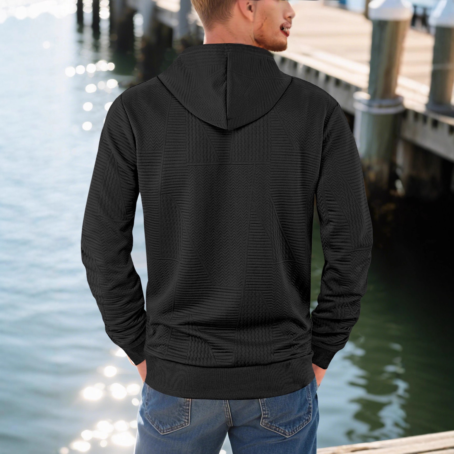 Nuevo Europa y Estados Unidos transfronterizos primavera y otoño estilo americano suelto camiseta encapuchada casual Amazon comercio exterior de manga larga Jacquard para hombres