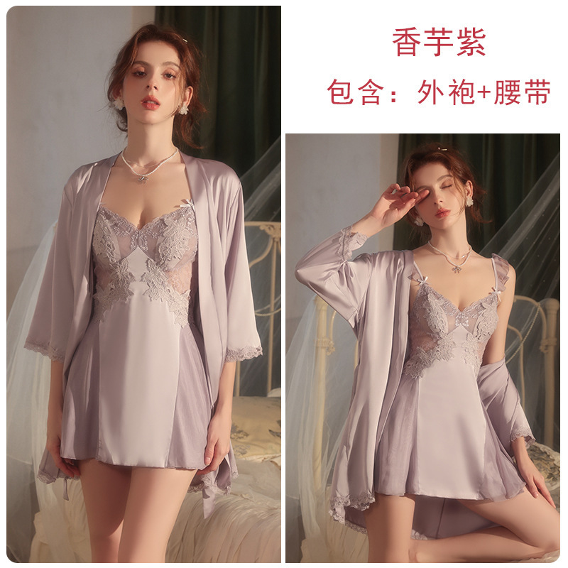 瑰若丝滑缎面低胸聚拢加胸垫吊带飞袖睡裙外袍女家居服套装M5868|undefined