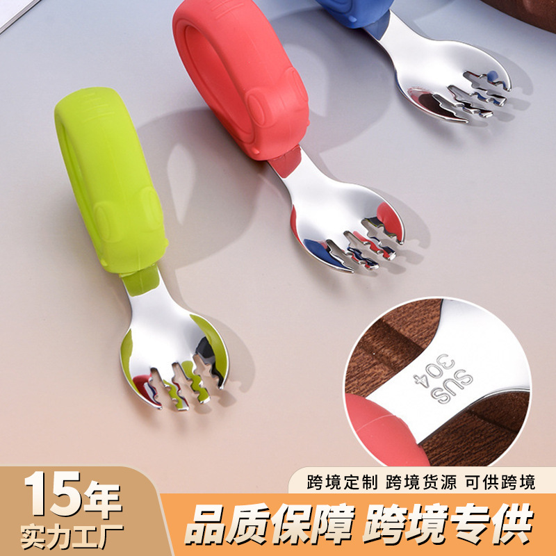 Household Baby Feeding Spoon 304 Stainless Steel Children's Tableware Silicone Handle Fork Spoon Baby Training Spoon Fork