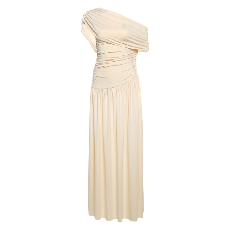 Summer New Women's Elegant Asymmetrical Neck Off-Shoulder Long Dress European And American Style Cross Border Solid Color Waist_ecoleips.com