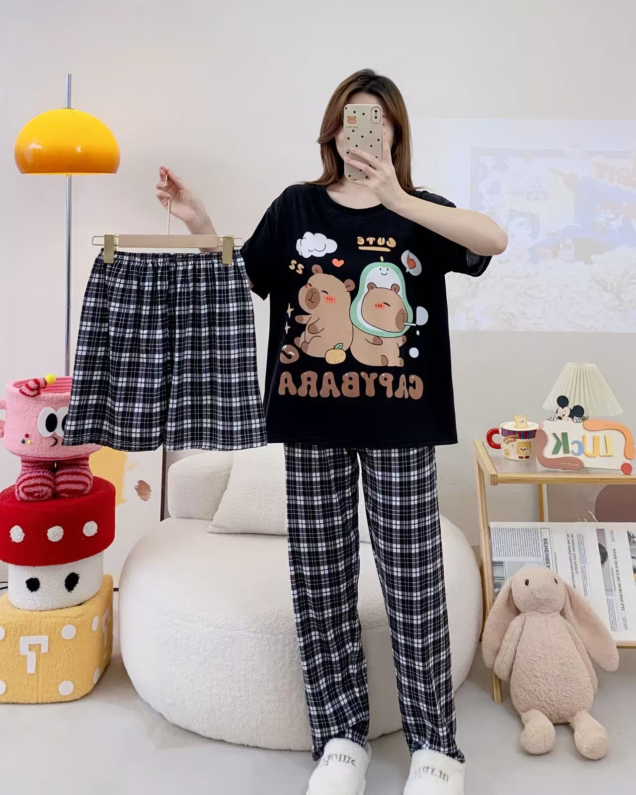 Pijamas de verano transfronterizos pijamas de leche de seda de tres piezas set de dibujos animados comercio exterior ropa para el hogar pantalones de mangas cortas lindos