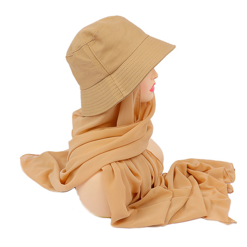 New fashion monochrome suit headscarf, cross-border solid color chiffon and fisherman hat in one 2-piece scarf hat wholesale