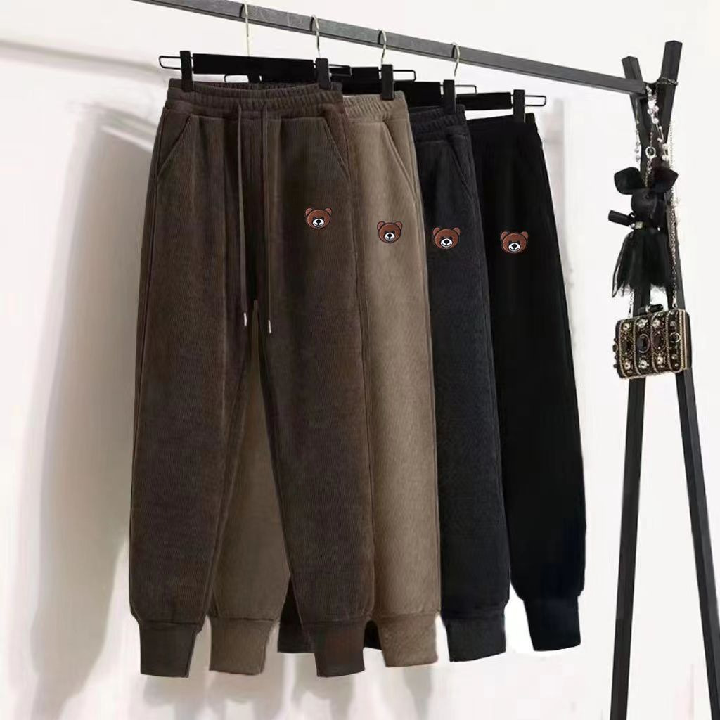기모 유럽면 벨벳 높은 허리 할렌 바지 가을과 겨울 폭발 느슨한 슬림 타이트 허리 번들 발 곰 자수 스포츠 바지
