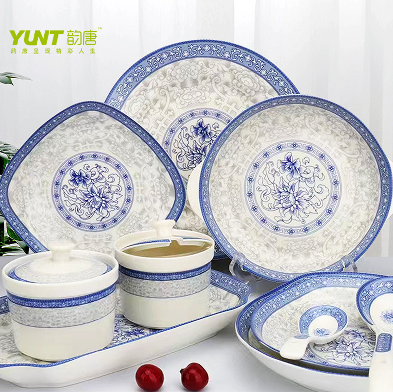 Yuntang Fuguigarden Ceramic Bowl Household Tableware Set Chinese Blue and White Rice Bowl Soup Bowl Noodle Plate Saucer Loose L^