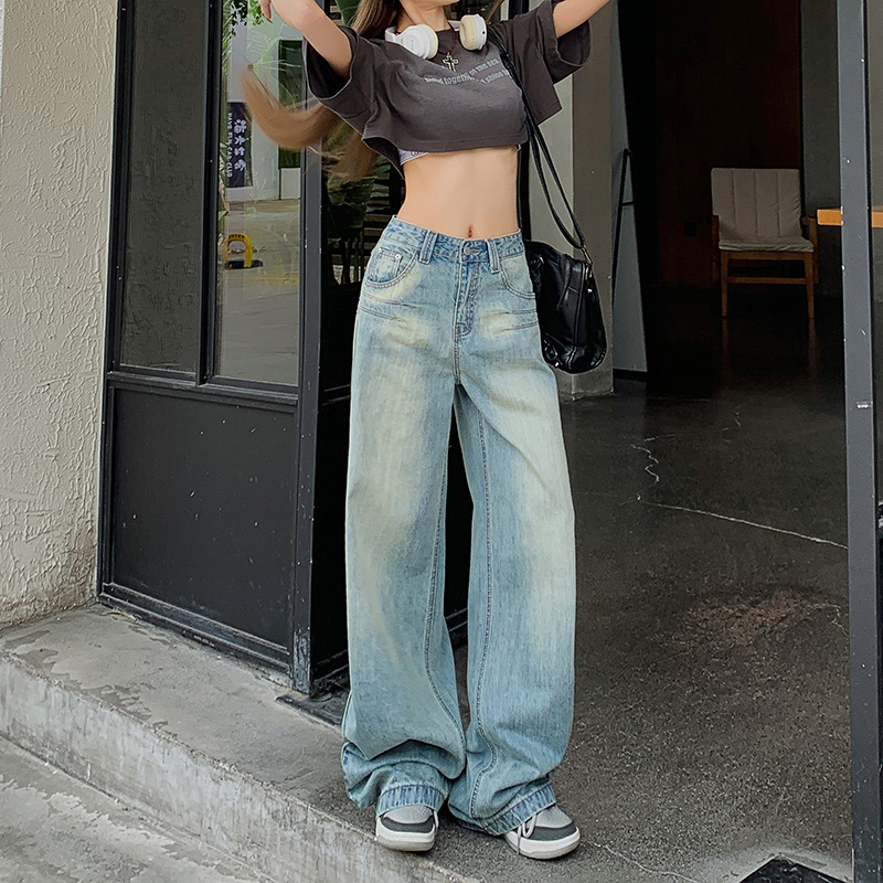 젊은 오렌지  수 놓은 뒷 주머니 디자인 넓은 다리 청바지 여성용 느슨한 슬림 핏 유행 올 매치 바지