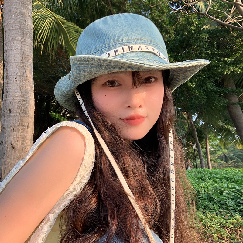 Gorra de pescador con cordones de letras retro coreanas para mujer, sombrero de lavabo de todo fósforo casual de primavera y verano, sombrero de montañismo de mezclilla occidental