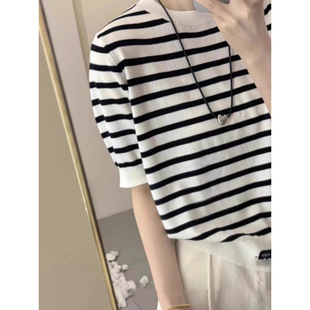 New Summer New Large Size Striped Round Neck Mulberry Silk Sweater Thin Short-Sleeved Loose Shirt
