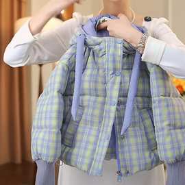 女童格子收口棉服2025新款冬装中大童加厚外套棉衣连帽面包服棉袄