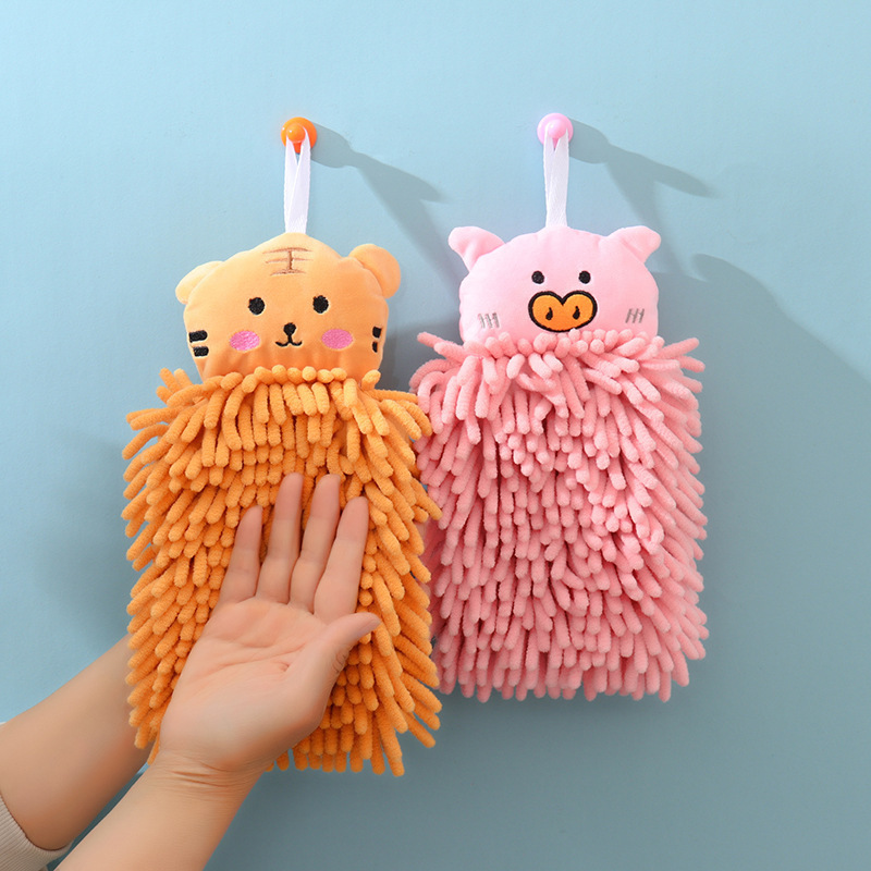 Kitchen and Bathroom Hand Towel, Hanging Chenille Absorbent Quick-Dry Cartoon Cute Towel, Household Cleaning Towel Gloves