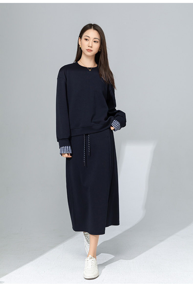 Bộ hai mảnh áo sweatshirt phối màu thiết kế cách điệu cho nữ — Váy nửa màu xanh đậm 65361 chi tiết 25