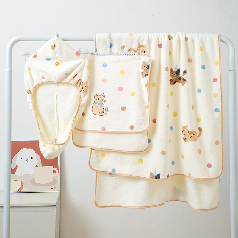 2024 cross-border new bath skirt shower cap suit adult couple coral fleece polka dot kitten printed towel bath towel