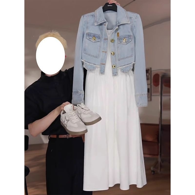 Qadın denim ceket və sarafan iki hissəli dəst