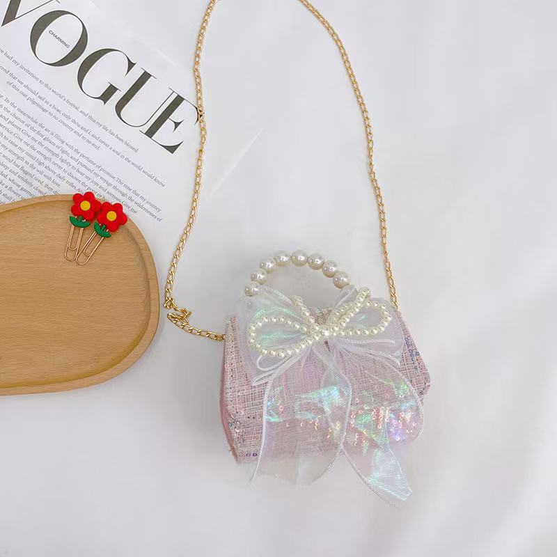 Hermosa mochila de niña pequeña moda de moda mochila portátil, princesa dama mochila de perlas, mochila de hombro