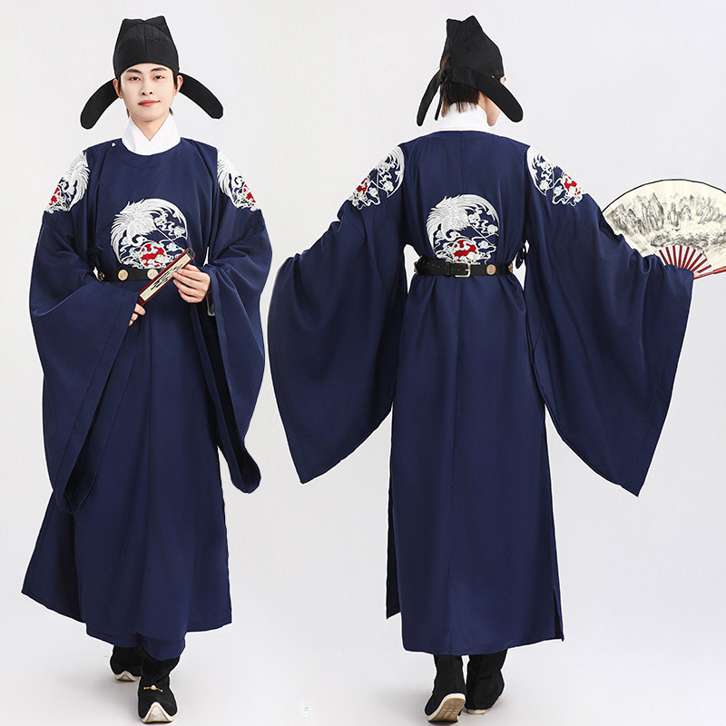 Men's Hanfu Costume for Wedding Hosts, Tang Dynasty Official Robe with Round Collar, Crane Embroidery, Navy Blue, Restored Ancient Chinese Style Men's Hanfu Costume for Wedding Hosts, Tang Dynasty Official Robe with Round Collar, Crane Embroidery, Navy Blue, Restored Ancient Chinese Style