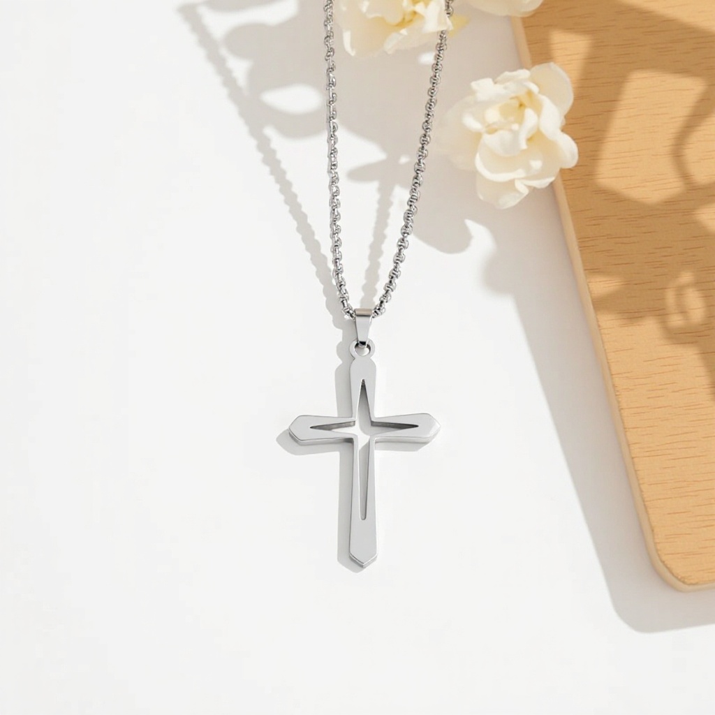 European and American Cross-Border Titanium Steel Crystal Cross Men's Necklace, Fashionable, Unique, Simple Starlight Hollow Pendant